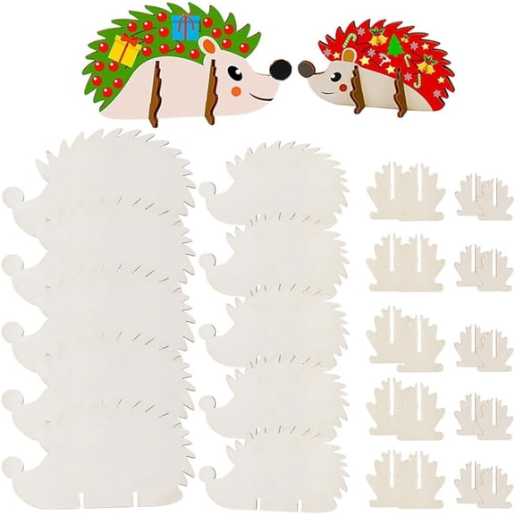 10 Sets 3D Wood Cutouts Unfinished Wooden Crafts with Base Hedgehog Animal Blank Natural Tabletop Stand Up Pieces Slices Accessories