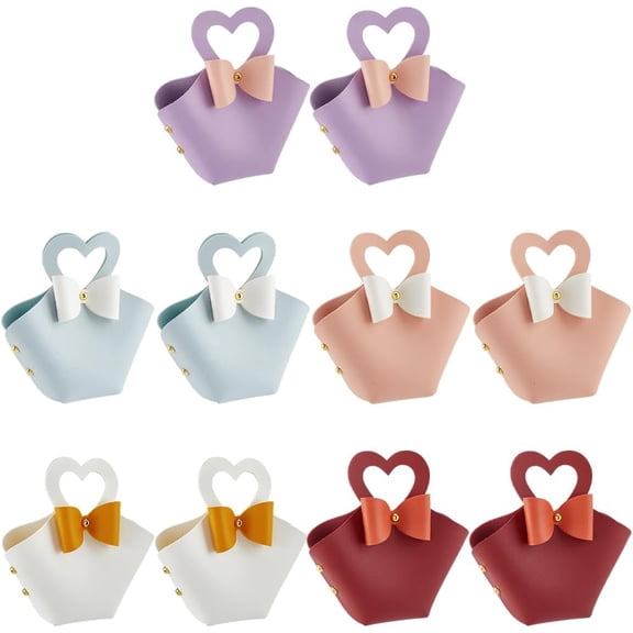 10 Sets 5 Colors PU Leather Bowknot Candy Bags with Heart Shape Handle Mini Leather Party Favor Boxes Reusable Gift Wrapping Handbags Treat Purses