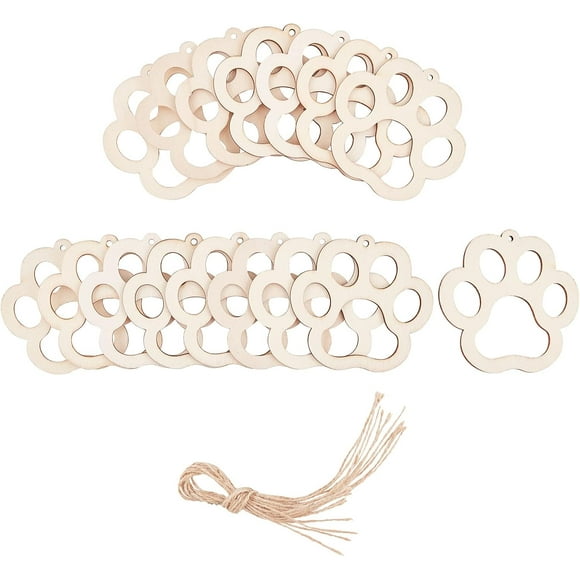 10 Sets 8.58cm Paw Print Natural Wood Slices with Hemp Ropes Unfinished Wooden Hanging Ornaments Cutouts Wood for DIY Projects Gift Tags Party Decoration Painting and Crafting DIY