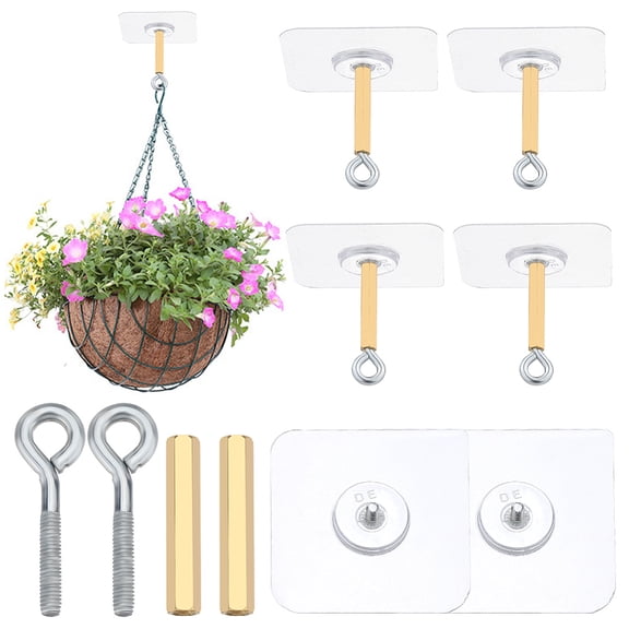 10 Sets Adhesive Ceiling Hooks 11Ib(Max) Plastic Platinum Utility Wall Mount No Drill Closed Sticky Hangers Iron Screw Brass Column Hook for Hanging Lantern Chandelier Light Wind Chime DIY Platinum