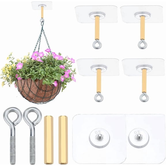 10 Sets Adhesive Ceiling Hooks 11Ib(Max) Plastic Platinum Utility Wall Mount No Drill Closed Sticky Hangers Iron Screw Brass Column Hook for Hanging Lantern Chandelier Light Wind Chime Metal Platinum