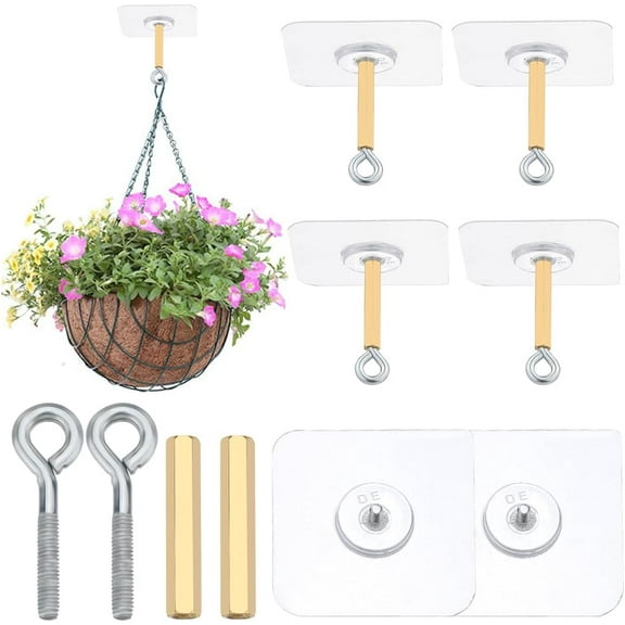10 Sets Adhesive Ceiling Hooks 11Ib(Max) Plastic Platinum Utility Wall Mount No Drill Closed Sticky Hangers Iron Screw Brass Column Hook