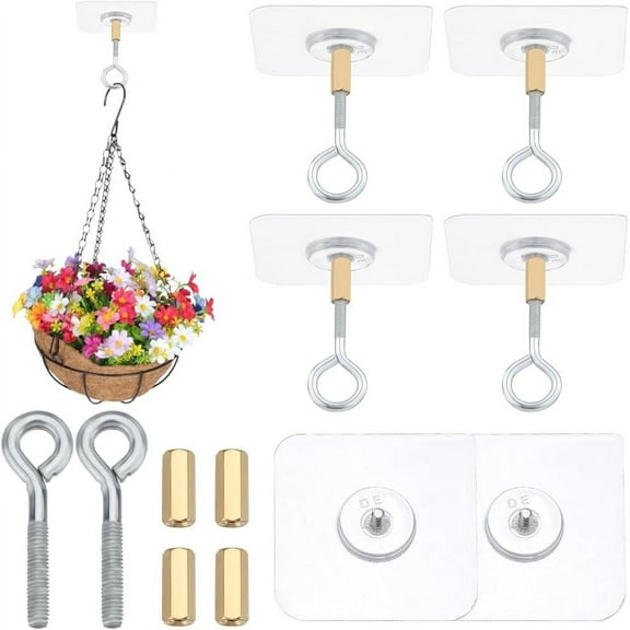 10 Sets Adhesive Lantern Hook 11Ib(Max) Plastic Platinum Closed Sticky Hangers No Drill Utility Wall Mount Hooks Iron Screw Brass Column for DIY Hanging Key Coat Chandelier Light Wind Chime