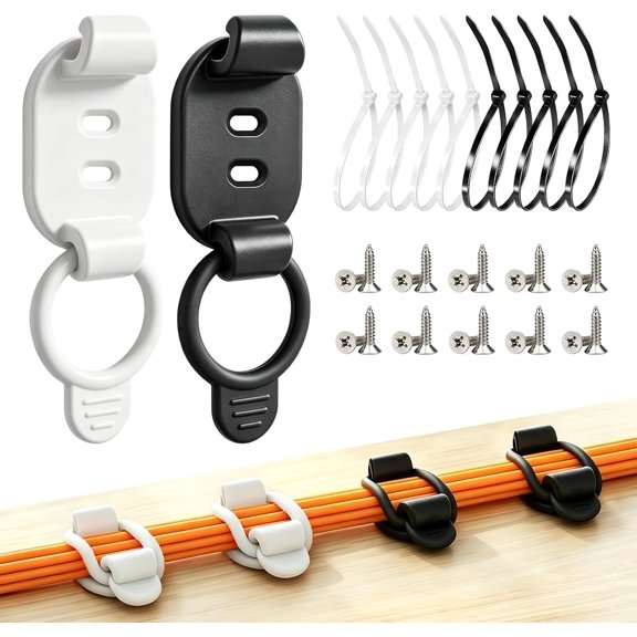 10 Sets Adjustable Cable Management Clips, Self Adhesive Cord Organizer with Elastic Loop, Reusable Cable Holder for Desk, Under Desk, Wall, TV, Office, Home, Charging Cables, USB, HDMI, PC Wires