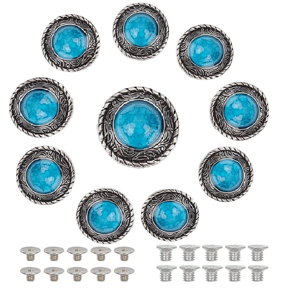 10 Sets Alloy Decorative Rivets with Imitation Turquoise & Iron Screw Flat Round Silver 25x14mm