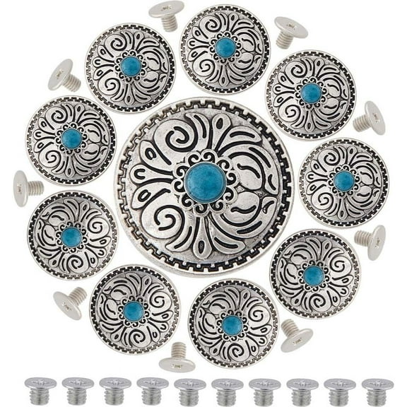 10 Sets Alloy Decorative Rivets with Plastics Imitation Synthetic Turquoise DIY Accessaries Flat Round with Flower Turquoise 2.55x0.8cm Hole: 2.5mm