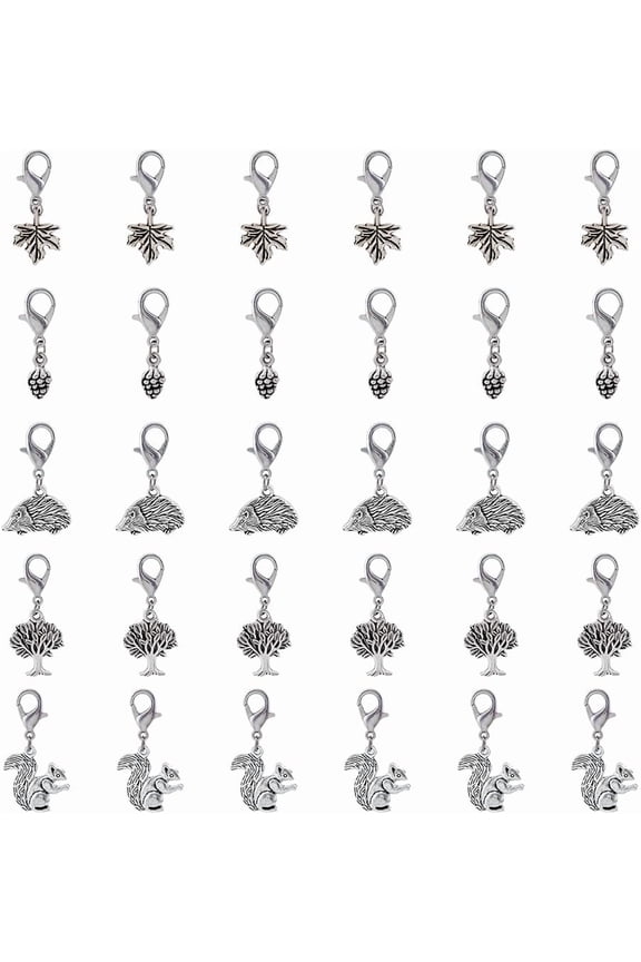 10 Sets Autumn Alloy Pendants Decorations Set Hedgehog Tree Leaf Pine Cone Squirrel Lobster Clasp Charms Clip-on Charm for Keychain Purse