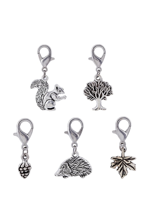 10 Sets Autumn Alloy Pendants Decorations Set Hedgehog Tree Leaf Pine Cone Squirrel Lobster Clasp Charms Clip-on Charm for Keychain