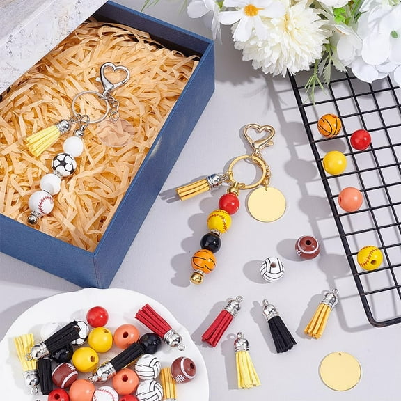 10 Sets Beadable Keychain Making Kit Sports Wooden Beads Kit for Keychain Pens Pendant with Tassels Lobster Clasps Iron Bar Split Key Rings for Jewelry Making Gifts