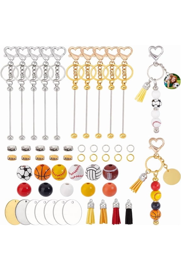 10 Sets Beadable Keychain Making Kit Sports Wooden Beads Kit for Keychain Pens Pendant with Tassels Lobster Clasps Iron Bar Split Key Rings