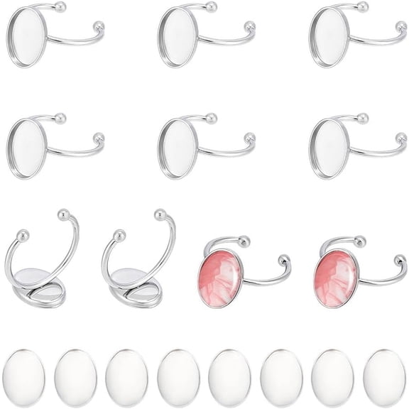 10 Sets Blank Finger Rings Oval Cabochon Ring Blank Ring Components Jewelry Making Kits Oval Cabochon Tray 14x10mm Open Cuff Bezel Trays Flat Base Rings Tray for DIY Jewelry Making