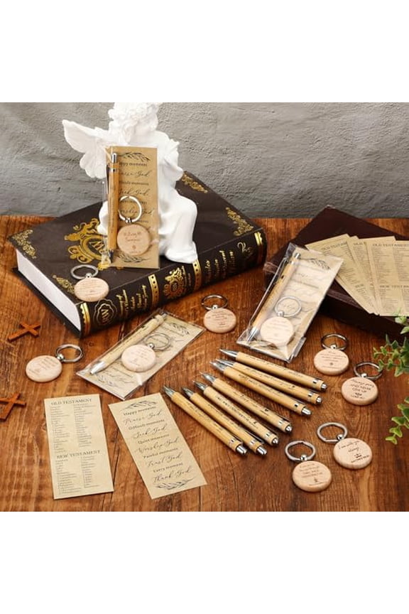 10 Sets Bulk Religious Gifts for Women Men Christian Pens Bible Verse Bamboo Pens Bookmarks Keychains Inspirational Religious for Christmas Church Sunday School Gifts Clergy Teacher
