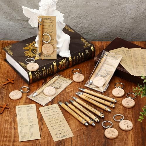 10 Sets Bulk Religious Gifts for Women Men Christian Pens Bible Verse Bamboo Pens Bookmarks Keychains Inspirational Religious for Christmas Church Sunday School Gifts Clergy Teacher