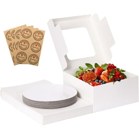10 Sets Cake Boxes, 10x10x5 Inches Bakery Boxes with Cake Boards, 10 Inch with Stickers Disposable Cake Containers with Lids for Valentine's Day Mother's Day Birthday Party