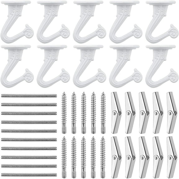 10 Sets Ceiling Hooks Decorative Heavy Duty Metal Swag Hook for Hanging Plants with Hardware and Toggle Wings Ceiling Installation Cavity Wall Fixing, 25 lb Capacity(White)