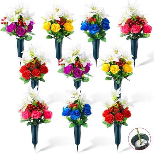 10 Sets Cemetery Flowers for Grave 120 Heads Artificial Memorial Rose Lily Bouquet Arrangement with Vase Outdoor Headstone Decorations for Cemetery Headstones Decoration$$Home Decor, Kitchen, & Other