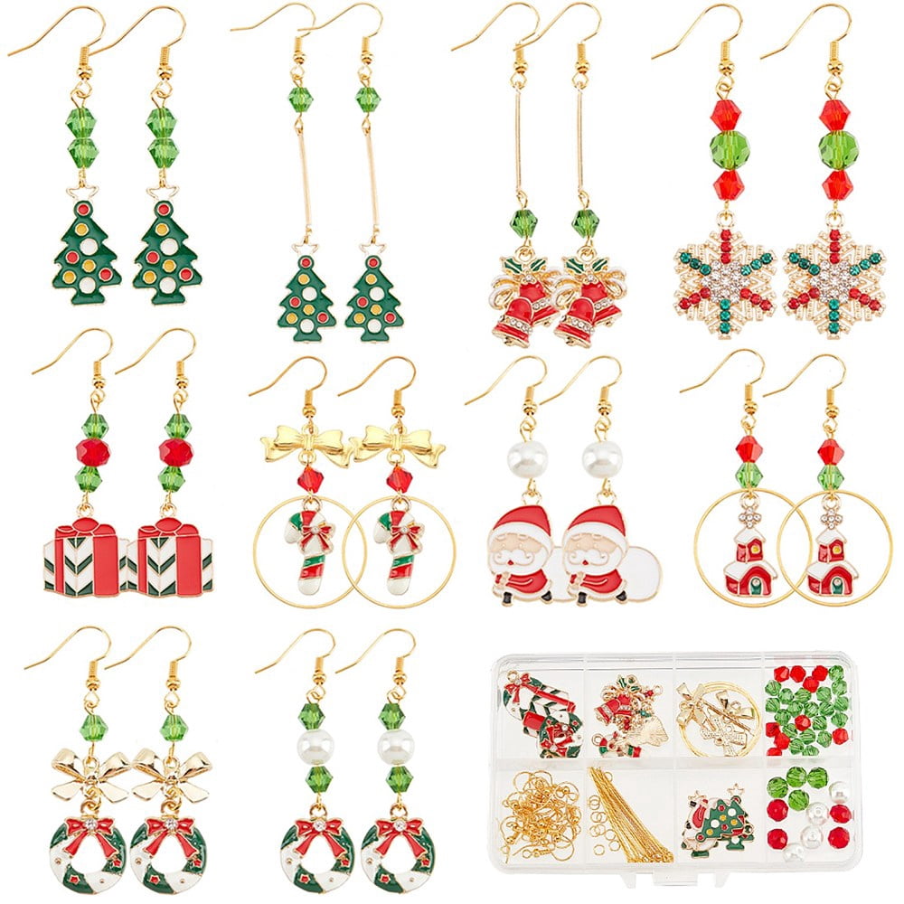 10 Sets Christmas Earring Making Kit Gold Drop Dangle Earrings Christams Charm Enamel Snowflake Christmas Charms Glass Beads