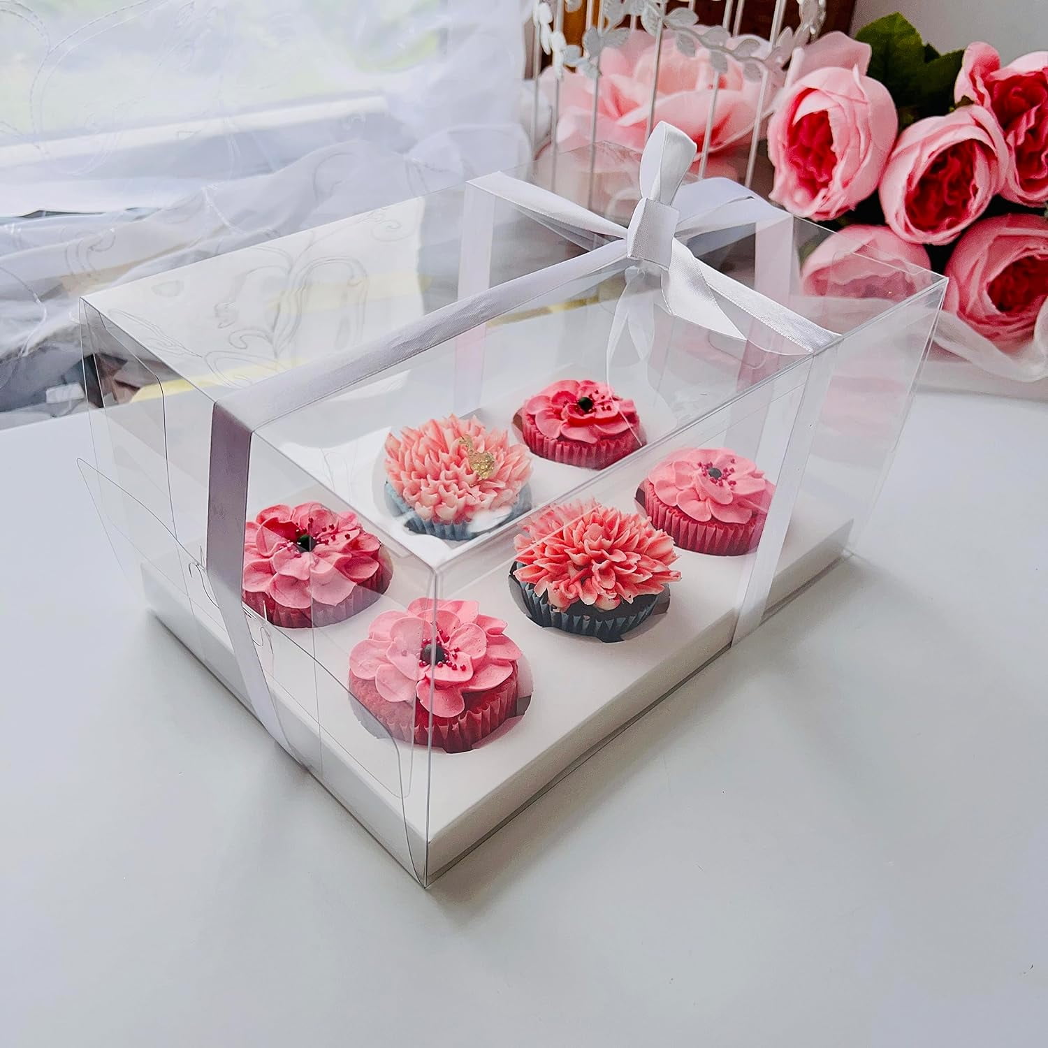 10 Sets Clear Cupcake Boxes 6 Holes, Clear Cupcake Containers With White Cardboard Insert, See