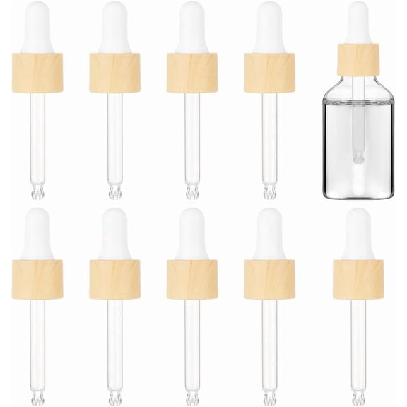 10 Sets Glass Eye Droppers 15ml/0.51oz Pressure Rotating Cover Oil Droppers Glass Dropper Pipette with Imitation Wood Grain for Essential Oil Bottles Gold