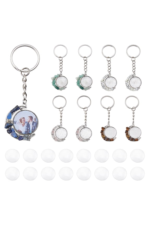 10 Sets Keychain Pendant Tray Moon Rotation Double-Sided Bezel Pendant Trays Cabochon Keychain Kit Blanks Alloy Gemstone Keychains