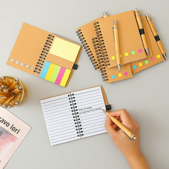 10 Sets Lined Spiral Notebook Kraft Paper Cover Notepad Sticky a Scrape of the Pen Bulk Bamboo Ballpoint Pen Page Marker Color Index Tab Christmas Gift for Teachers Staff Team Colleagues