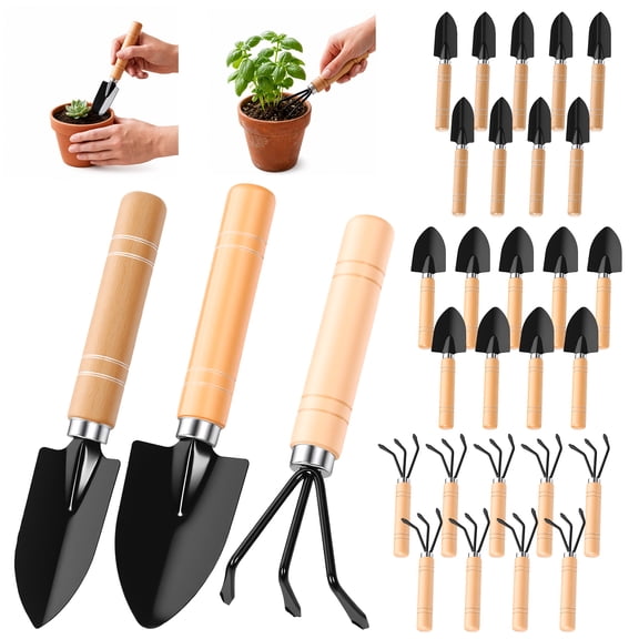 10 Sets Mini Gardening Tool Set Wood Handle Shovel Rake Practical Planting Weeding Cultivating Tool for Cactus Herb Garden Yard Care Thick Stem