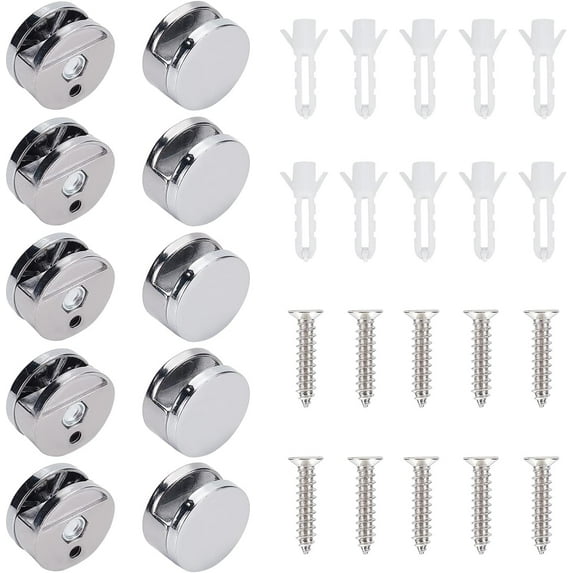 10 Sets Mirror Clips Glass Supports Round Shaped Mirror Mounting Clips Platinum Mirror Bracket with Iron Screw and Plastic Plug Wall Mirror Hanging Kit for Fixing Mirror DIY
