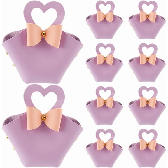 10 Sets PU Leather Party Favor Boxes with Heart Shape Handle Mini Leather Gift Wrapping Handbags Reusable Candy Bags Treat Purses for DIY Birthday Wedding Christmas Party(Purple)