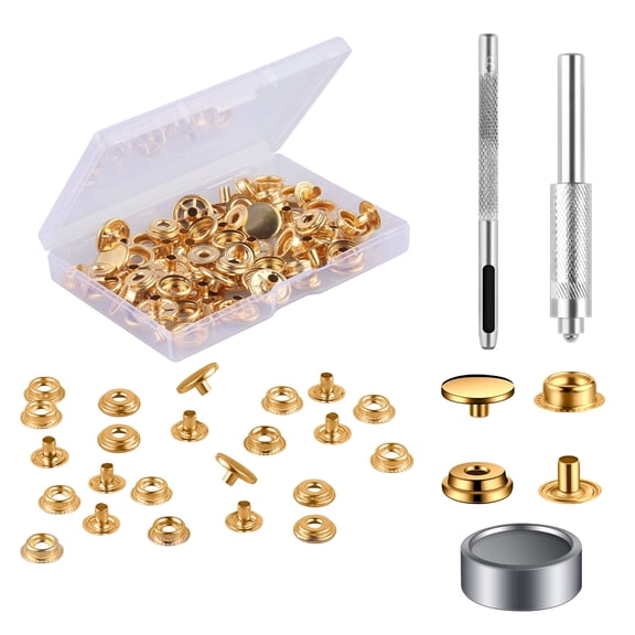 10 Sets Press Studs Cap Button, Stainless Steel Snap Fasteners Kit with Hand Fixing Tools, Instant Metal Buttons No-Sew Clips Snap for Bags, Jeans, Clothes, Fabric, Leather Craft(Gold)