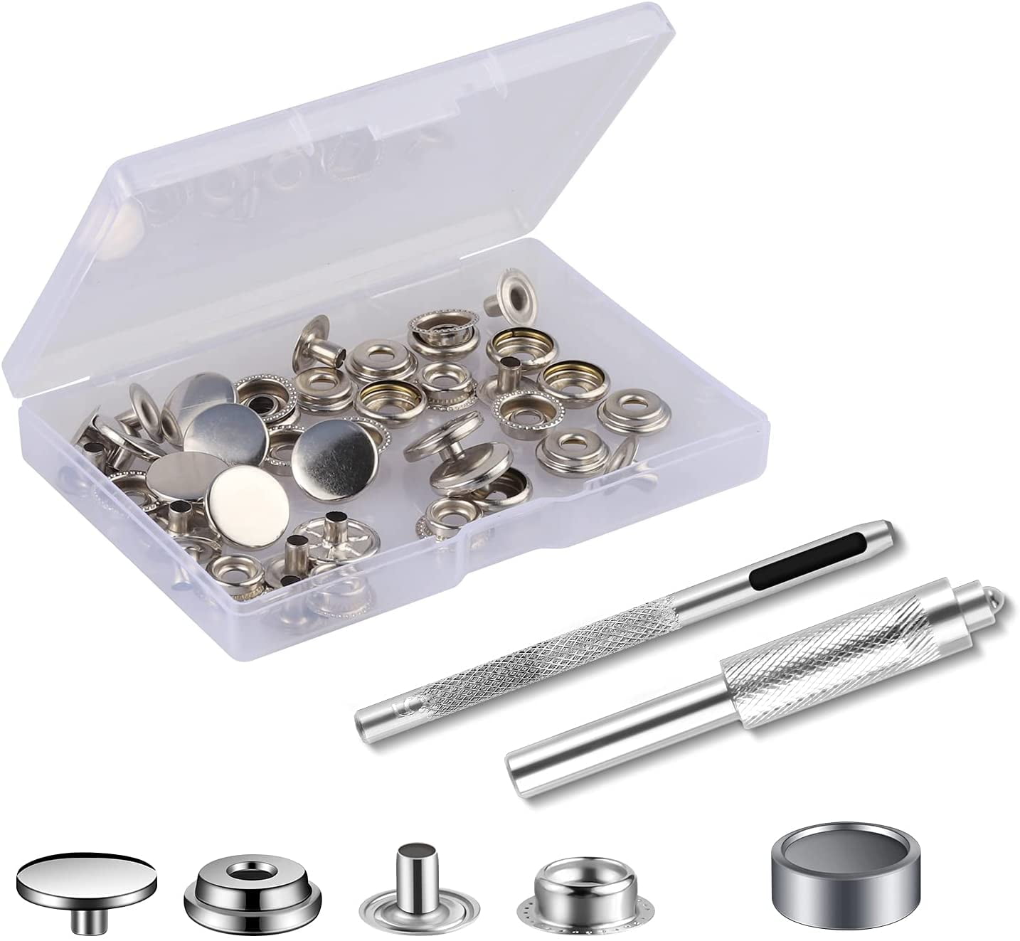 25 Sets Press Studs Cap Button, Stainless Steel Snap Fasteners Kit with  Hand Fixing Tools, Instant Metal Buttons No-Sew Clips Snap for Bags, Jeans,  Clothes, Fabric, Leather Craft(Black) 