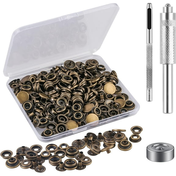 10 Sets Press Studs Cap Button, Stainless Steel Snap Fasteners Kit with Hand Fixing Tools, Instant Metal Buttons No-Sew Clips Snap for Bags, Jeans, Clothes, Fabric, Leather Craft(Bronze)