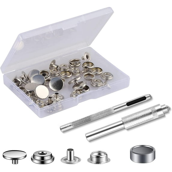 10 Sets Press Studs Cap Button, Stainless Steel Snap Fasteners Kit with Hand Fixing Tools, Instant Metal Buttons No-Sew Clips Snap for Bags, Jeans, Clothes, Fabric, Leather Craft(Silver)