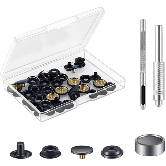 10 Sets Press Studs Cap Button, Stainless Steel Snap Fasteners Kit with Hand Fixing Tools, Instant Metal Buttons No-Sew Clips Snap for Bags, Jeans, Clothes, Fabric, Leather Craft(Black)