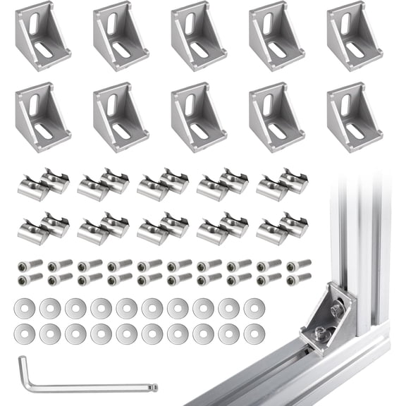 10 Sets Silver 4040 Aluminum Extrusion Corner Bracket Kit 10pcs Corner Brackets, 20pcs M6 Spring T-Nuts & Hex Screws, 1 Ball-End Hex Wrench for 40 Series T Slot Extruded Aluminum Rail Accessories