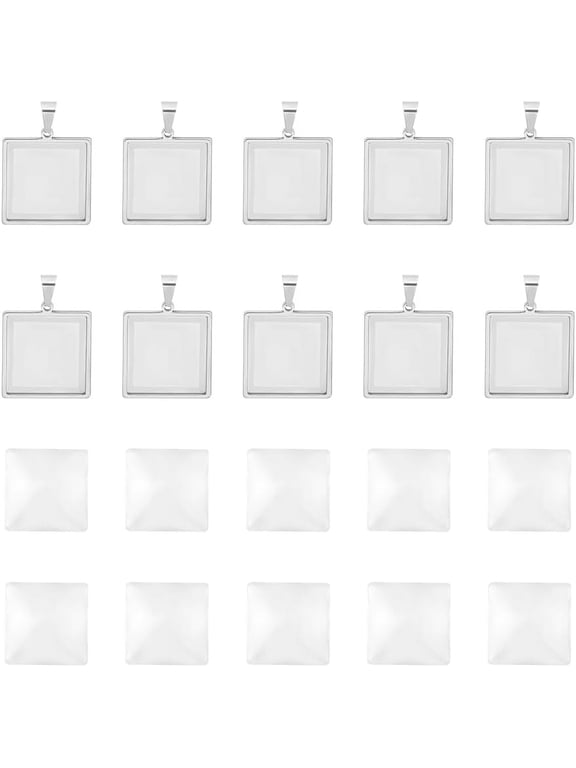 10 Sets Square Pendant Cabochon Settings DIY Blank Pendant Making Kit 304 Stainless Steel Blanks Bezel Pendant Trays with Glass Cabochon for Jewelry Making