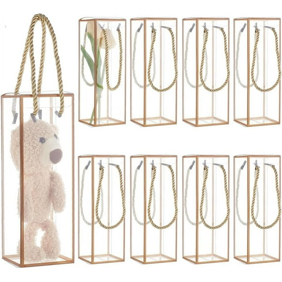 10 Sets Transparent Plastic Gift Box 2.8x2.8x8.3 Inch Clear PVC Plastic Favor Box Rectangle Candy Box with Golden Borders and Cord