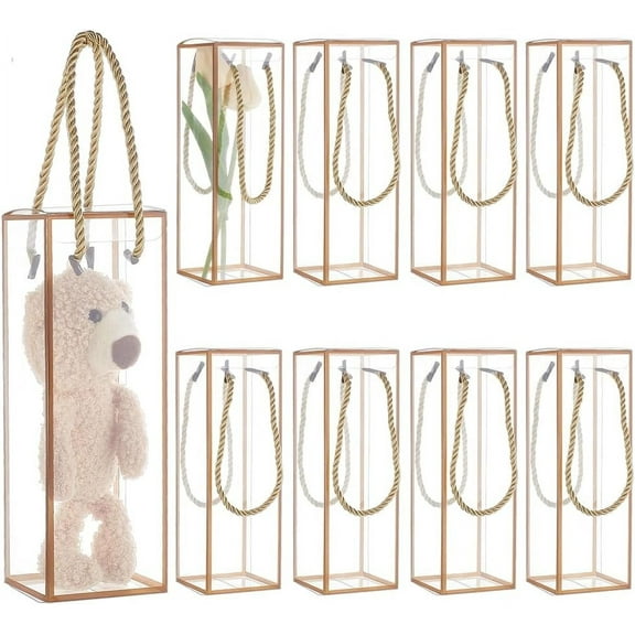 10 Sets Transparent Plastic Gift Box 2.8x2.8x8.3 Inch Clear PVC Plastic Favor Box Rectangle Candy Box with Golden Borders and Cord