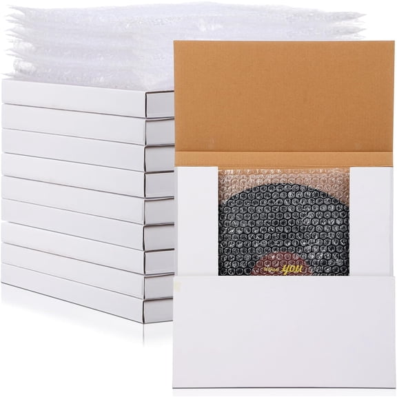10 Sets Vinyl Record Mailers 12.6 x 12.6 x 1" Shipping Boxes Easy Fold Album Corrugated Cardboard Box with Fragile Stickers and Bubble Bags for Packing Shipping Moving Storage(White)
