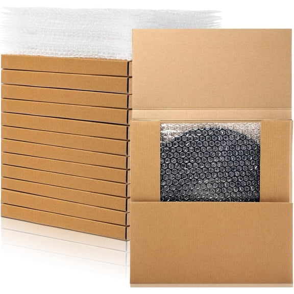 10 Sets Vinyl Record Mailers 12.6 x 12.6 x 1" Shipping Boxes Easy Fold Album Corrugated Cardboard Box with Fragile Stickers and Bubble Bags for Packing Shipping Moving Storage(Kraft Color)