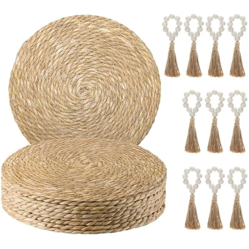 10 Sets Woven Placemats with Wooden Bead Napkin Rings, Round Bohemian Charger Placemats and Tassel Napkin Holders, Natural Woven Table Mats Heat Resistant Decor for Dining Table
