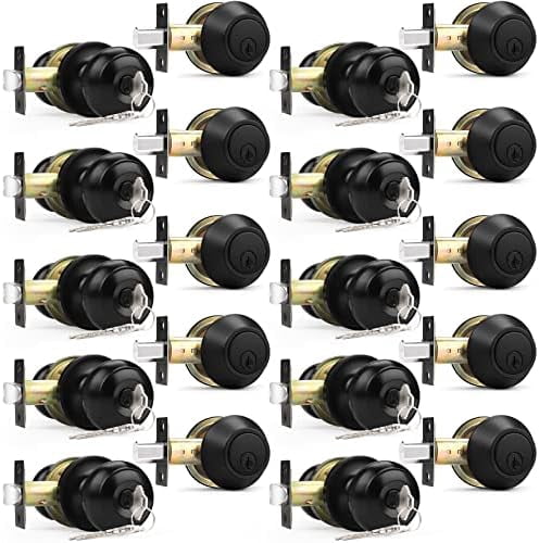 10 Sets of Front Exterior Door Knob Set with Single Cylinder Deadbolts in Flat Black Finish,Keyed Alike