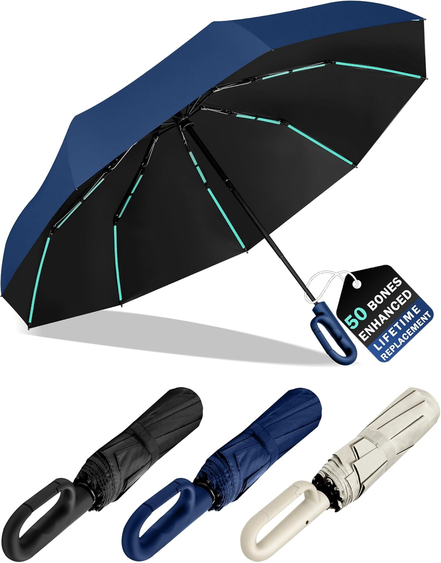 10-Shaft 50-Rib Heavy-Duty Umbrella, Automatic Open/Close with Carabiner Handle, -Weather Wind Resistant & UPF 50+ for Rain and Sun