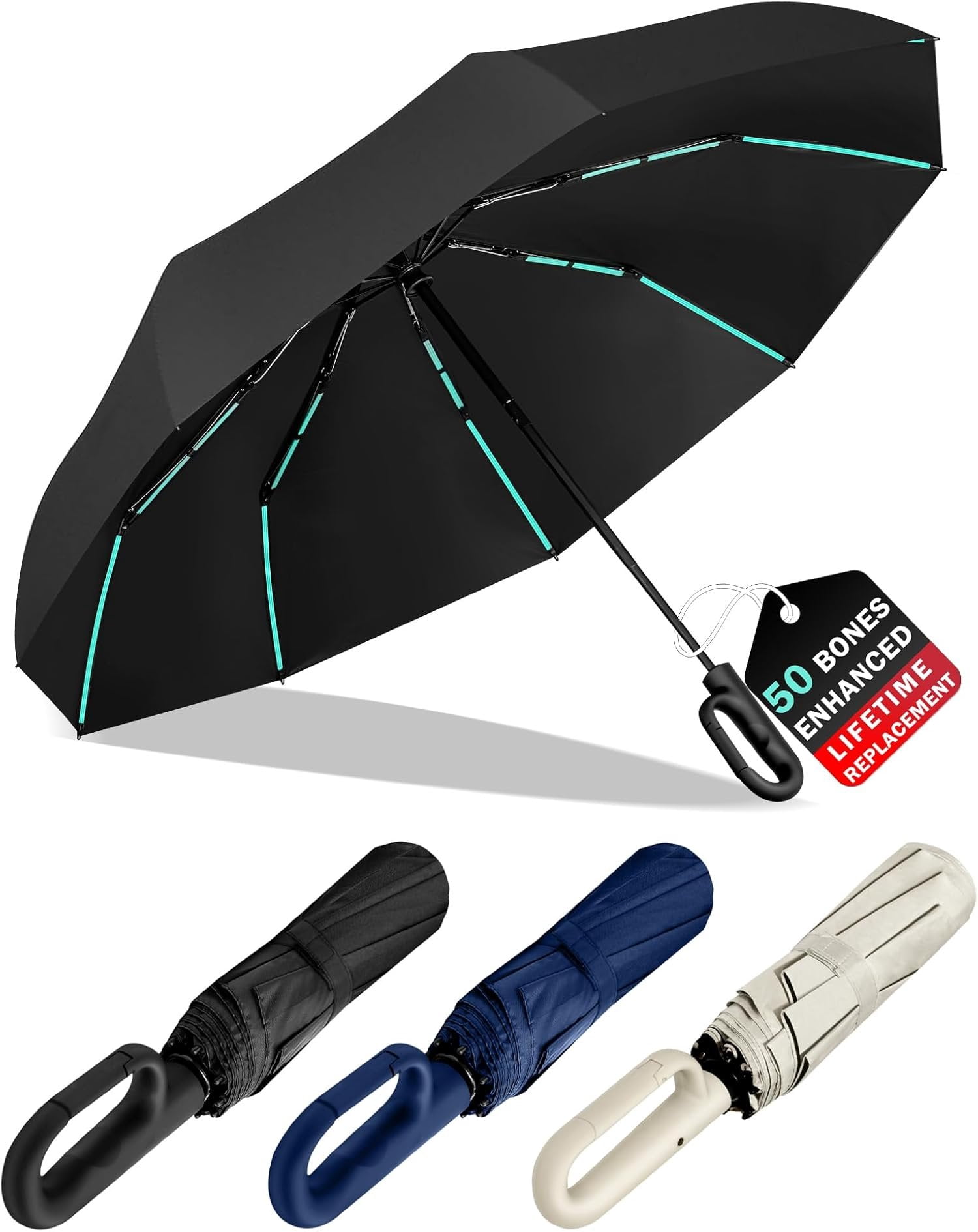 10-Shaft 50-Rib Heavy-Duty Umbrella, Automatic Open/Close with Carabiner Handle, -Weather Wind Resistant & UPF 50+ for Rain and Sun