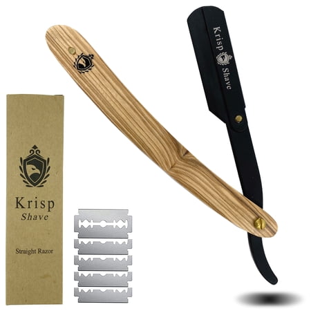 10 Shave Blades + Cut Throat Straight Edge Shaving Razor For Men Barber Salon Wood Handle