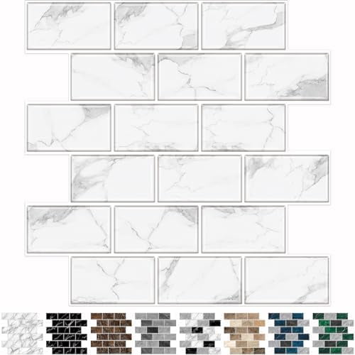 10-Sheet Backsplash Tile for Kitchen Peel and Stick,12"x12" Self Adhesive Wall Tiles on Back Splashes for Bathroom White Marble Look