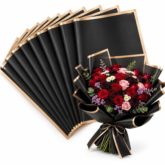 Artrylin 10 Sheet Flower Bouquet Wrapping Paper, Waterproof Bouquet Wrapping, 22 x 22 Inch Florist Supplies Packaging Paper, DIY Gift Box, Wedding & Birthday Gifts, Gold Edge
