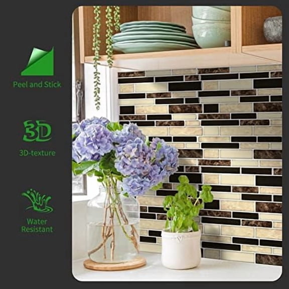 10-Sheet Brown Peel and Stick Backsplash Tile for Kitchen, Vinyl 3D Self-Adhesive Tile Stickers for Kitchen, Bathroom, Counter Top