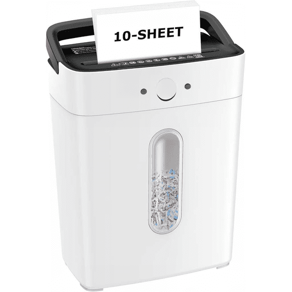 10-Sheet Cross Cut Paper Shredder P-4 Security, Portable Handle, 4 Gallon Bin, Shreds Paper and Credit Cards, White