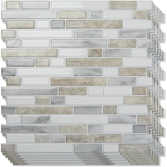 10-Sheet Heavy-Duty Peel and Stick Backsplash, Waterproof Wall Tiles on Kitchen Backsplash Living Space, Beige & White