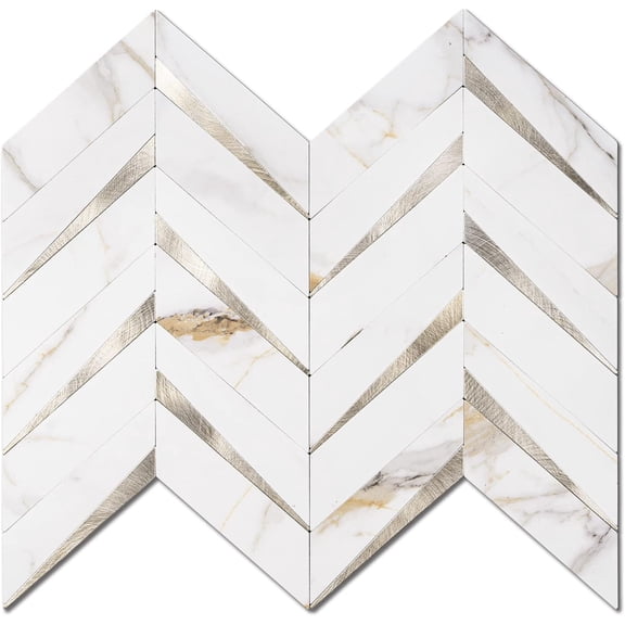 10-Sheet Herringbone Tile Peel and Stick Backsplash, Calacatta Marble Mixed Light Gold PVC Stick on Backsplash, Self Adhesive Wall Tile for Kitchen and Bathroom